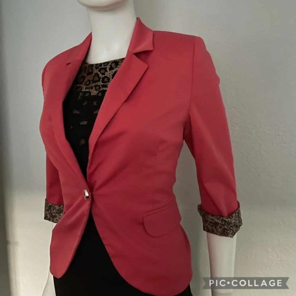 NEW WOMEN BLAZER SINGLE-BREASTED JACKET 3/4 SLEEVES LINED NOTCHED COLLAR CORAL‎